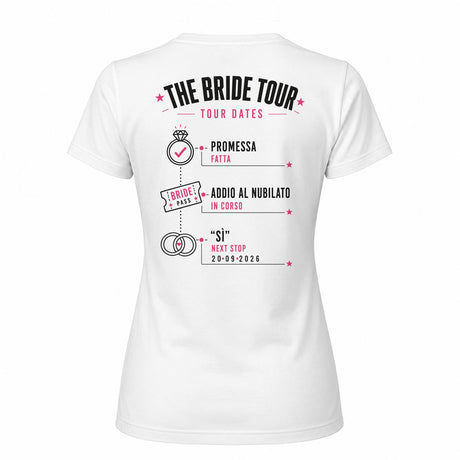 Maglietta bianca da donna con stampa sul retro “The Bride Tour Tour dates”