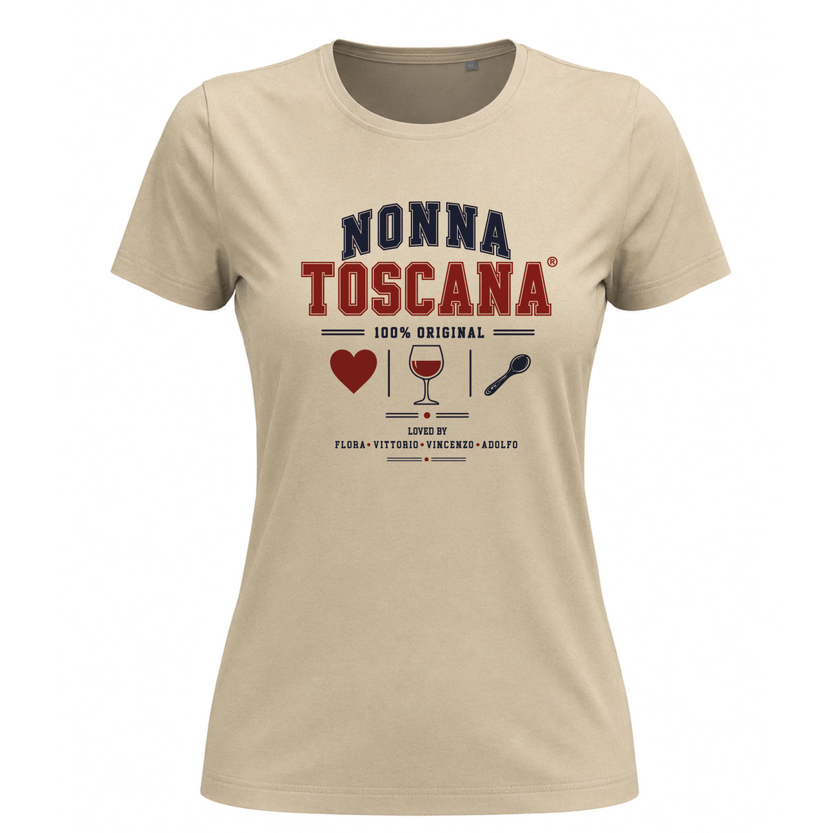 T-shirt da donna beige con stampa “NONNA TOSCANA” e calice, grafica multicolore