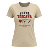 T-shirt da donna beige con stampa “NONNA TOSCANA” e calice, grafica multicolore