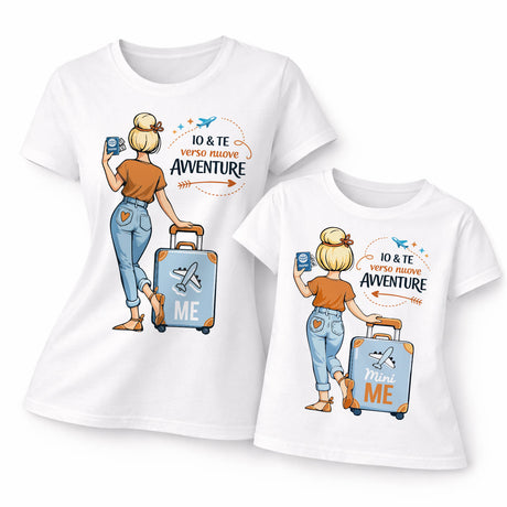 Set di magliette bianche mamma e figlia con stampa “Io & Te verso nuove avventure”