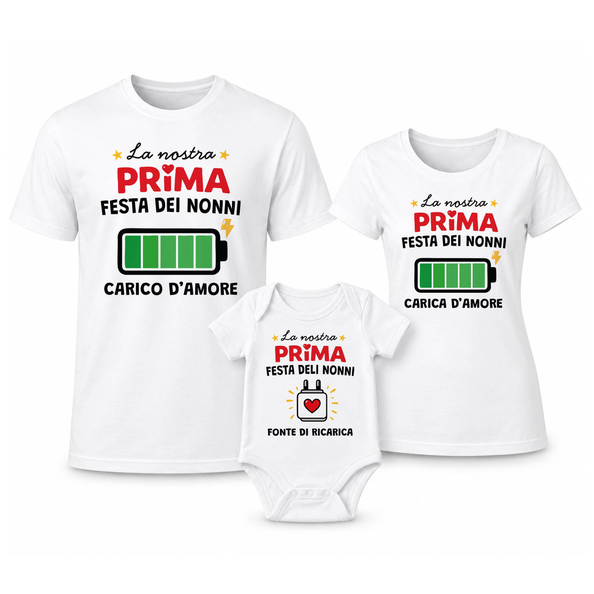 Set coordinato: 2 t-shirt bianche e body bianco con stampa “Prima Festa dei Nonni”