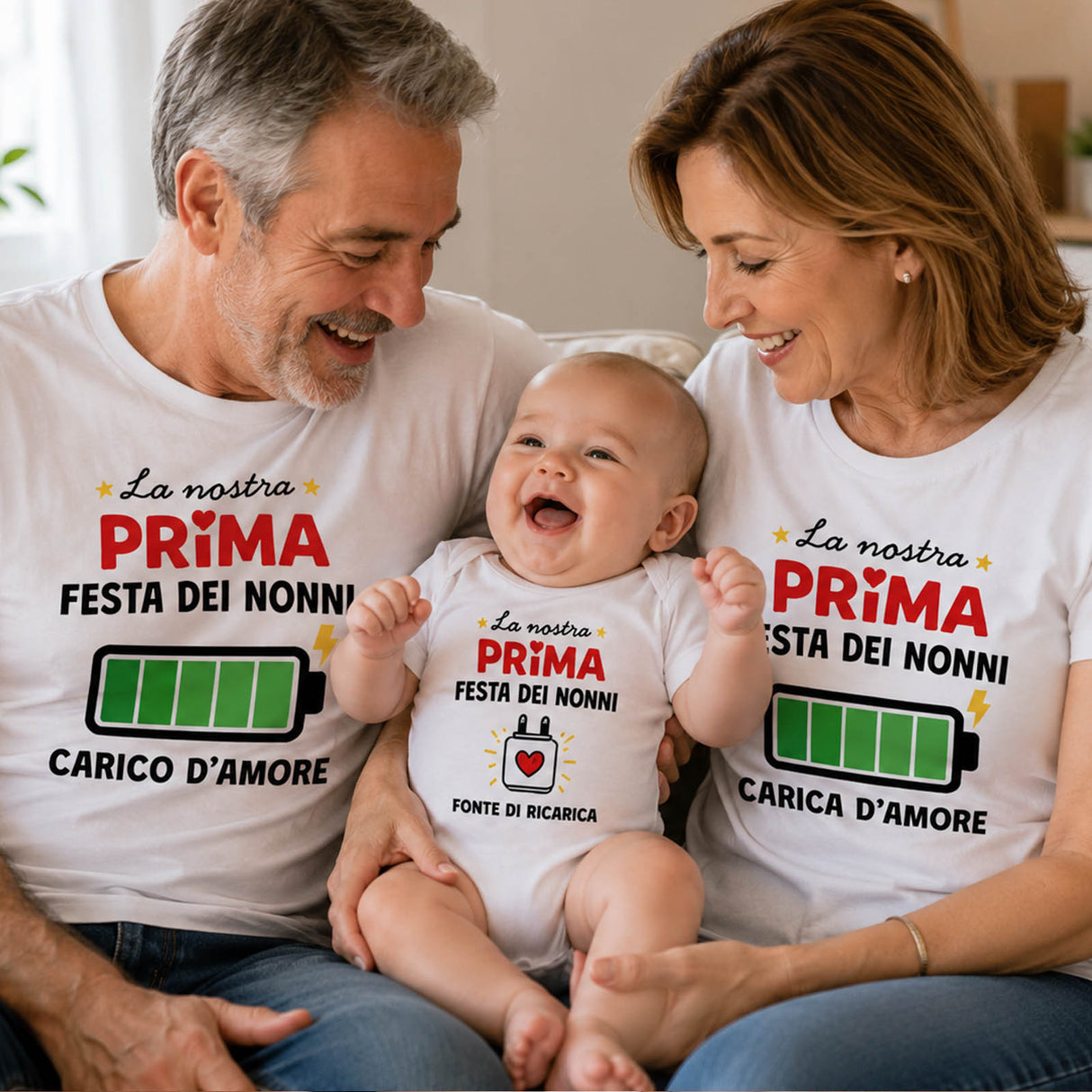 Famiglia in coordinato: t-shirt e body bianchi “Prima Festa dei Nonni”