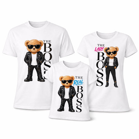 T-shirt bianche famiglia con orsetti e scritte THE BOSS, THE LADY, THE REAL (3 pz)
