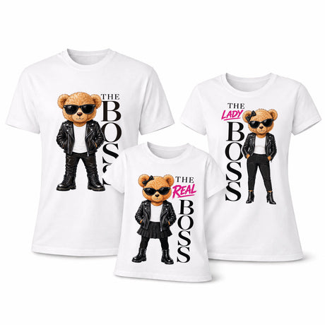 Set 3 t-shirt bianche con stampa orsetti: THE BOSS, THE LADY e THE REAL