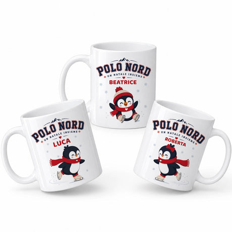 Set di 3 tazze natalizie bianche con pinguini, Polo Nord e nomi