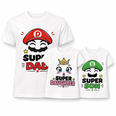 Set 3 magliette bianche supereroe: SUP DAD, SUPER DAUGHTER, SUPER SON