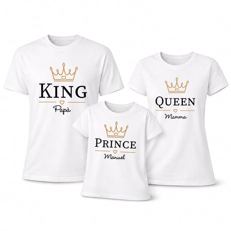 Set di tre T-shirt bianche con scritte King, Queen e Prince, corone dorate