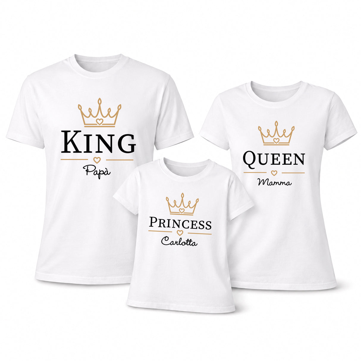 Set di tre T-shirt bianche con scritte King, Queen e Princess, corone dorate