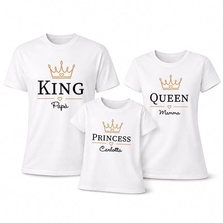 Set di tre T-shirt bianche con scritte King, Queen e Princess, corone dorate