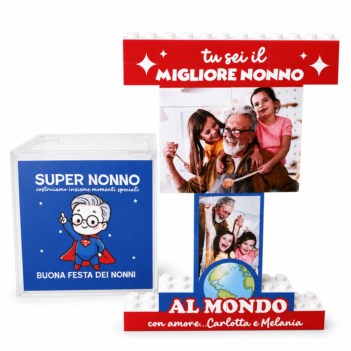 Trofeo di mattoncini con foto e scritte “Migliore Nonno” e “Al mondo”