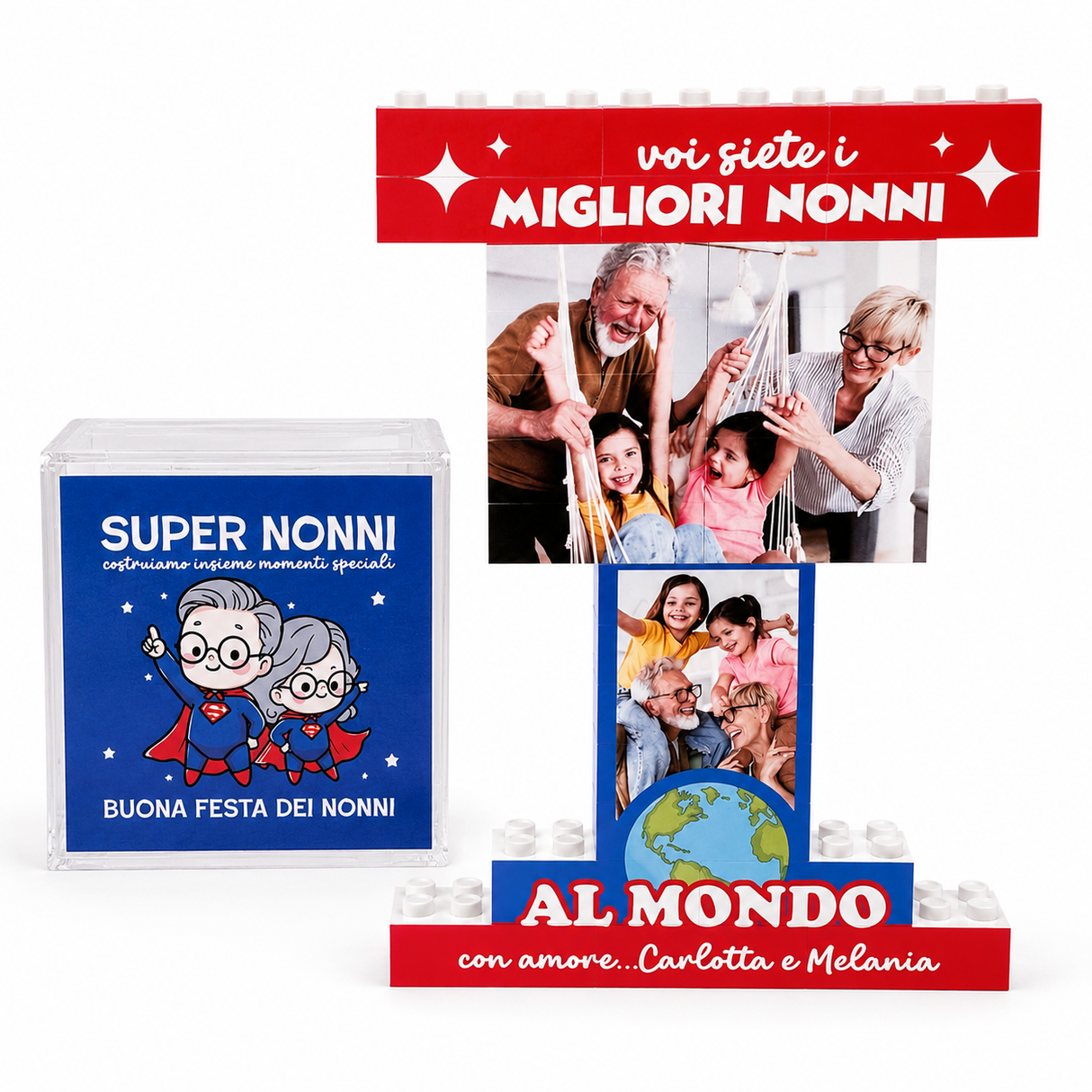 Trofeo in mattoncini con foto e scritta “MIGLIORI NONNI” e base “AL MONDO”