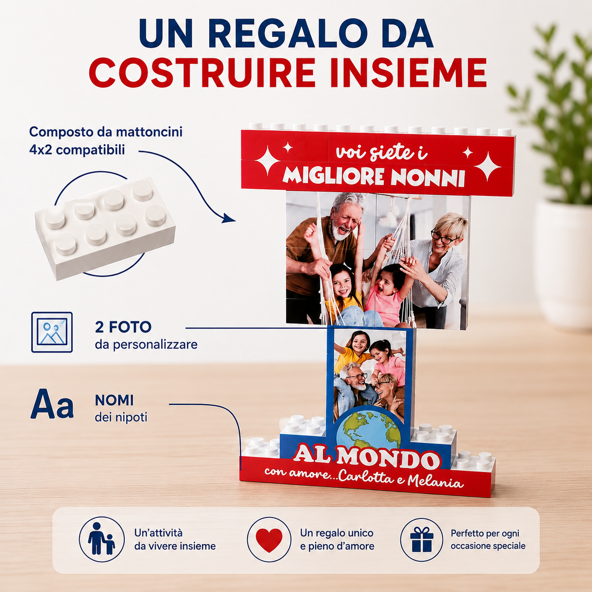 Trofeo in mattoncini: 2 foto personalizzate e nomi dei nipoti, base “AL MONDO”