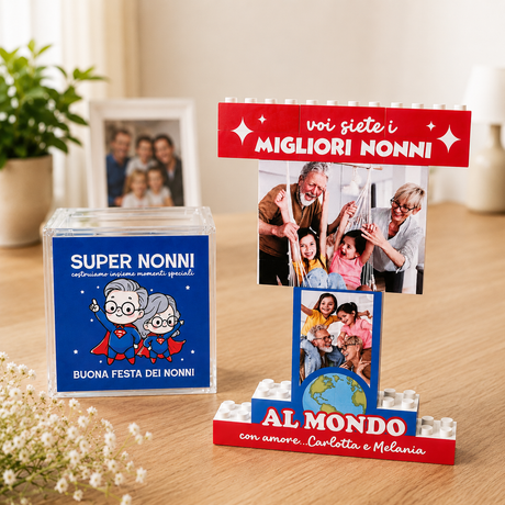 Trofeo in mattoncini con cubo “SUPER NONNI” e scritta “MIGLIORI NONNI”