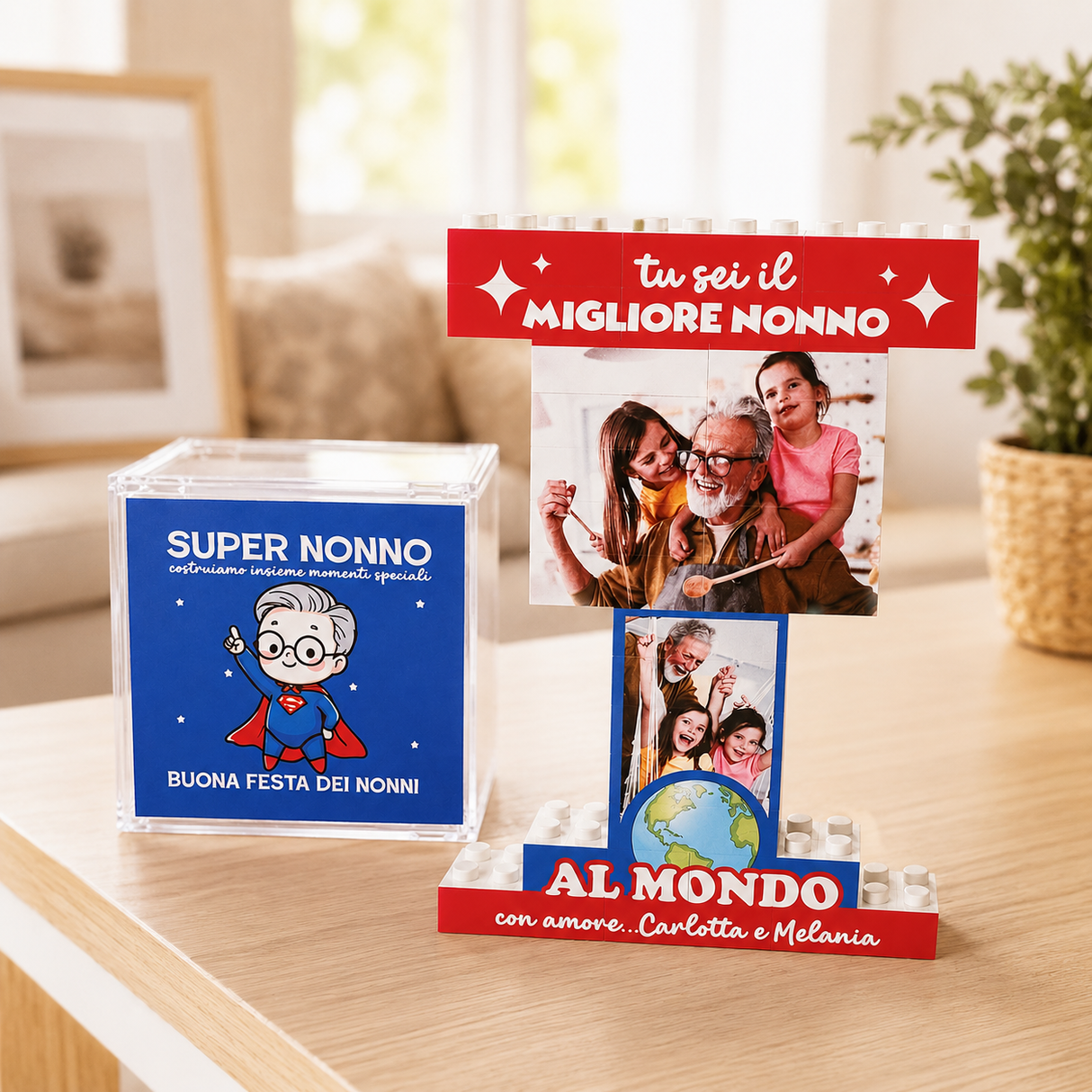 Trofeo di mattoncini con blocco trasparente “Super Nonno” e foto “Migliore Nonno”
