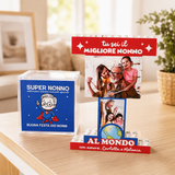 Trofeo di mattoncini con blocco trasparente “Super Nonno” e foto “Migliore Nonno”