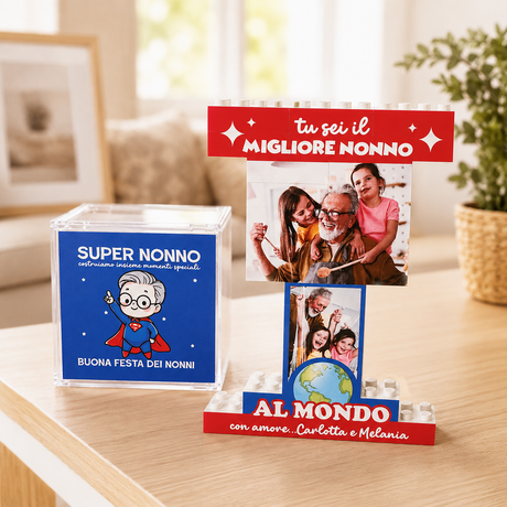 Trofeo di mattoncini con blocco trasparente “Super Nonno” e foto “Migliore Nonno”