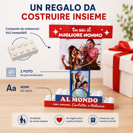 Set di mattoncini da costruire insieme con 2 foto personalizzabili e nomi nipoti