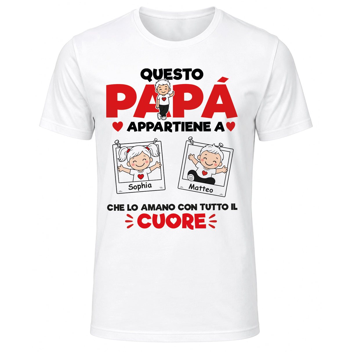 T-shirt bianca con grafica “QUESTO PAPÀ APPARTIENE A” e riquadri con nomi