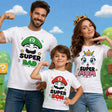 Set di t-shirt bianche cartoon Famiglia con stampe Super Dad, Super Mom e Super Son