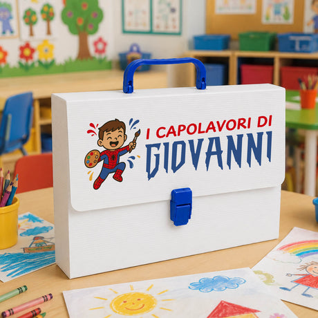 Valigetta bianca porta disegni con maniglia blu e fermaglio blu, nome Giovanni