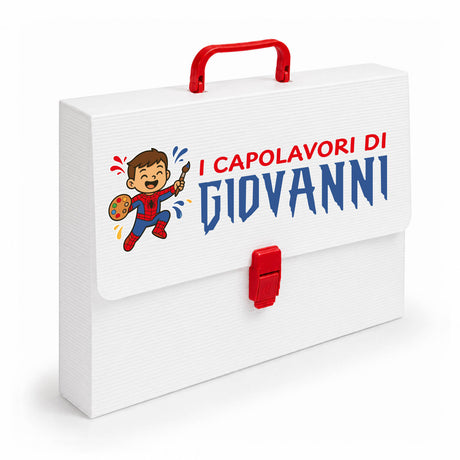 Valigetta bianca porta disegni con maniglia rossa e nome Giovanni, Spider Kid