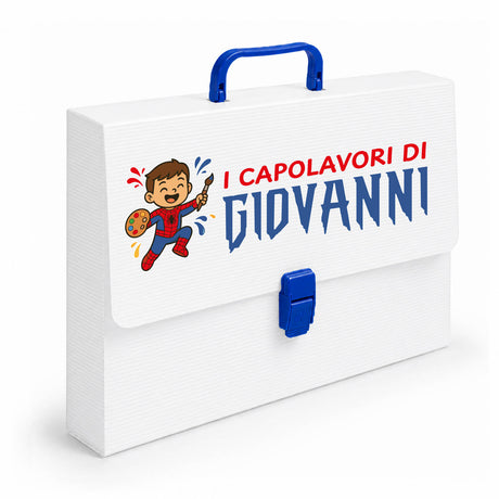 Valigetta bianca porta disegni con maniglia blu e nome Giovanni, Spider Kid