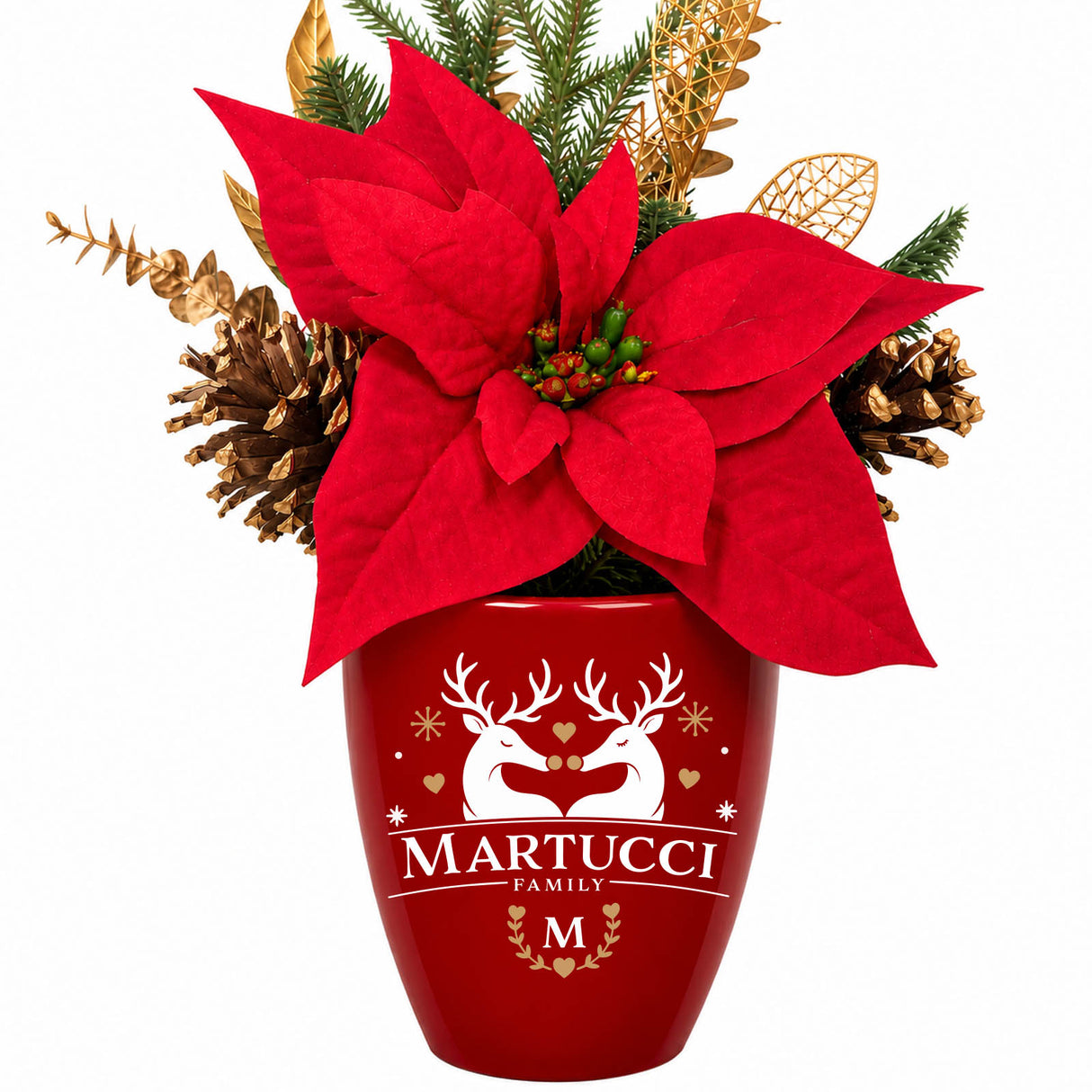 Vaso natalizio rosso con poinsettia, decori dorati e scritta MARTUCCI FAMILY