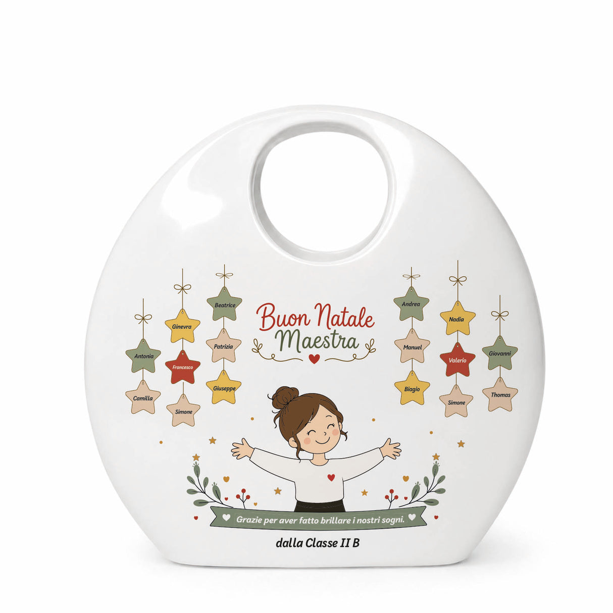 Vaso in ceramica bianca con manico tondo, decorazioni natalizie e «Buon Natale Maestra»