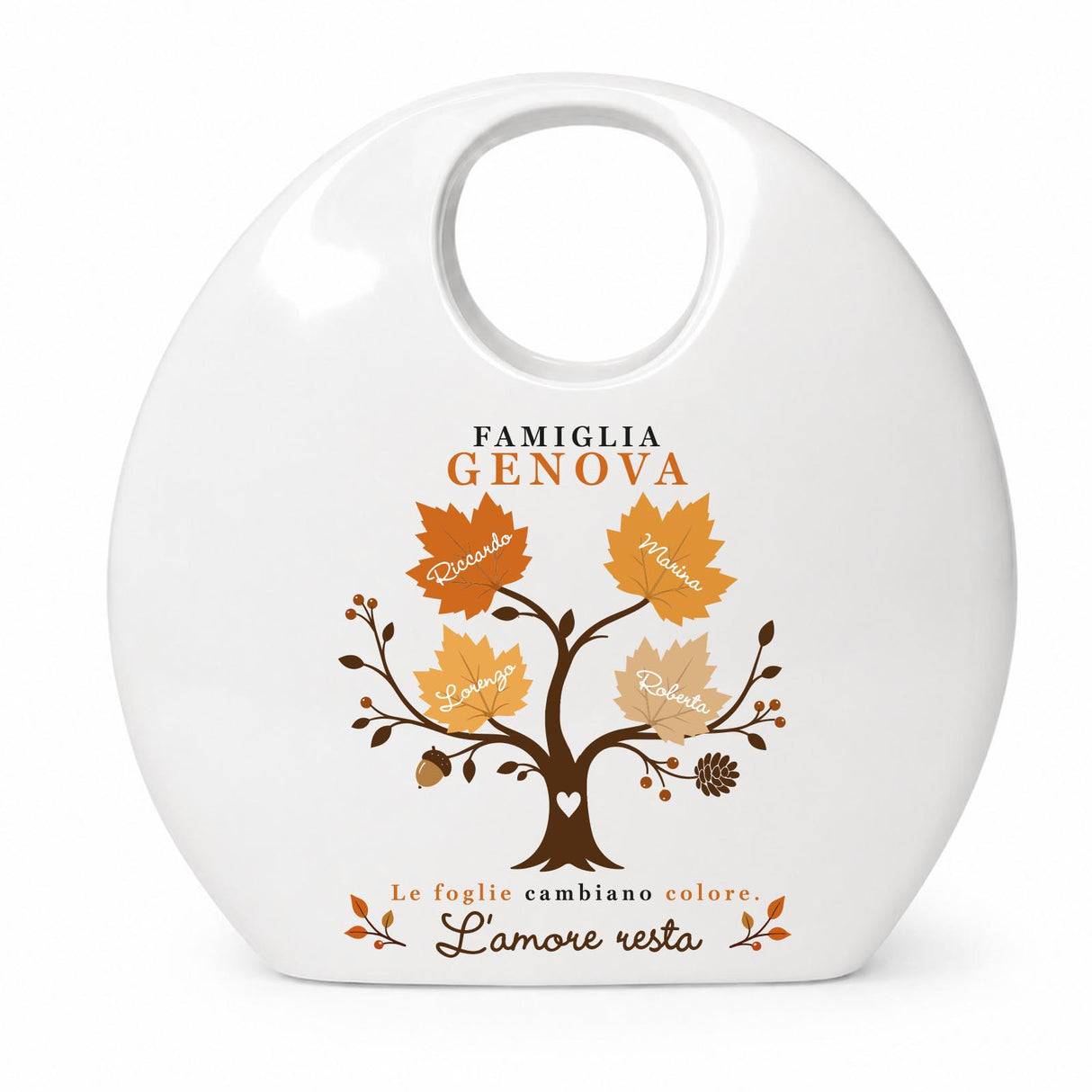 Vaso bianco personalizzato con albero autunnale e nomi “Famiglia Genova”, foro superiore