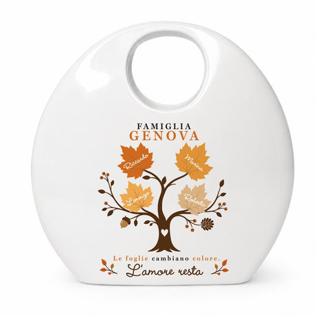 Vaso bianco personalizzato con albero autunnale e nomi “Famiglia Genova”, foro superiore