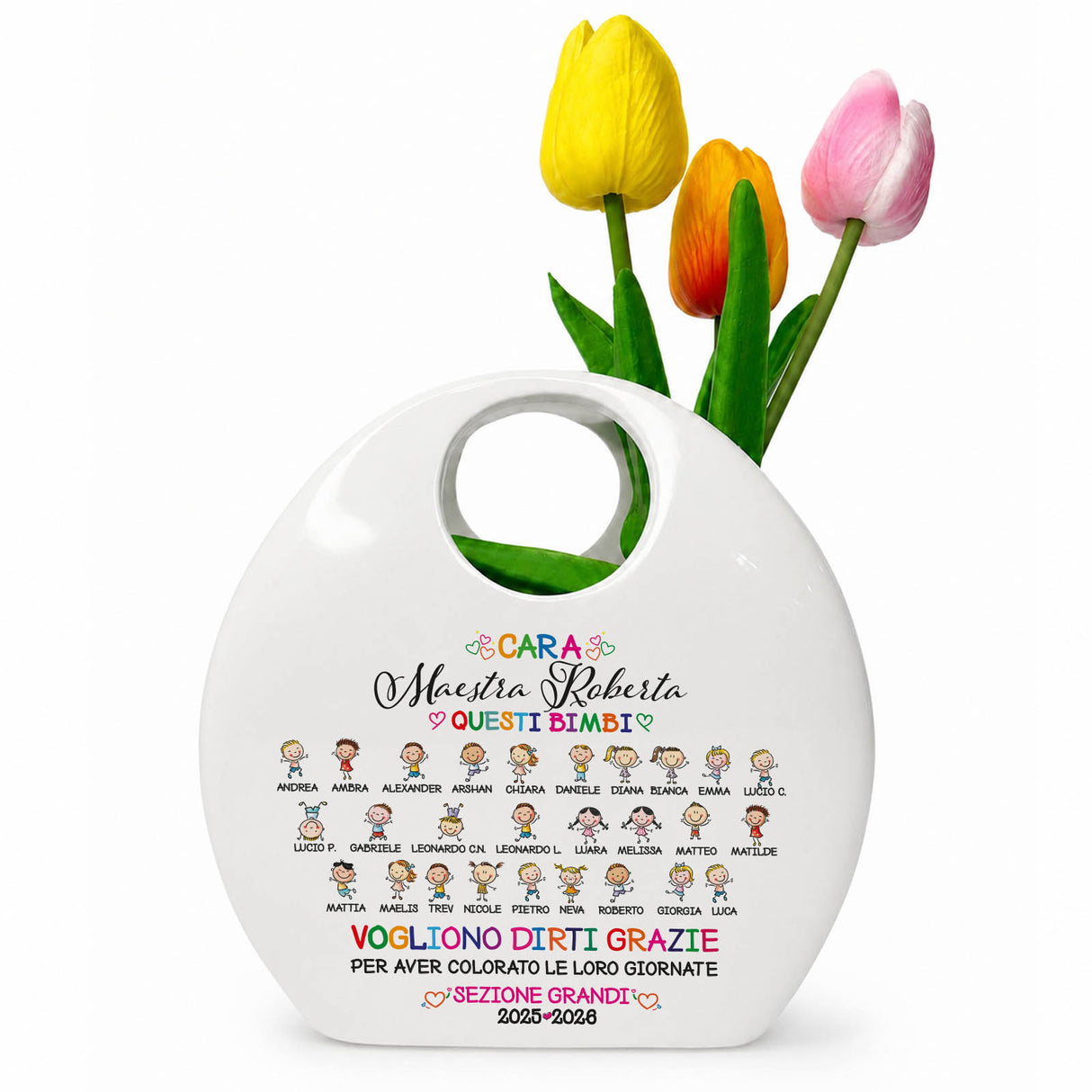 Vaso bianco con stampa personalizzata e decorazione di tulipani colorati