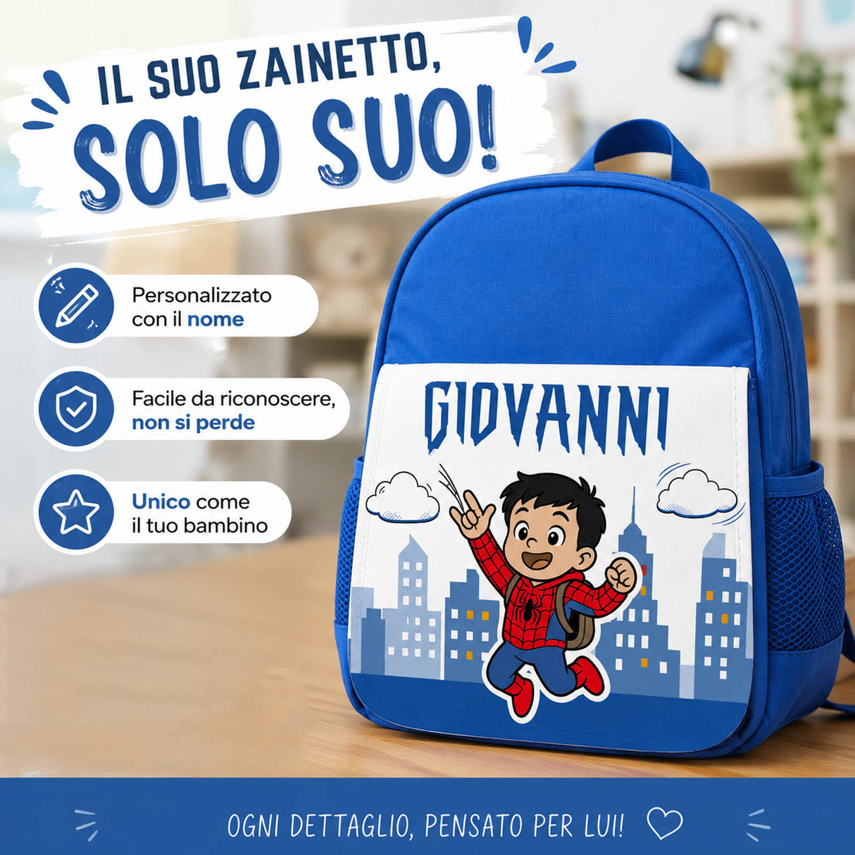 Zainetto blu con nome GIOVANNI e bimbo rosso con skyline cittadino