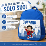 Zainetto blu con nome GIOVANNI e bimbo rosso con skyline cittadino